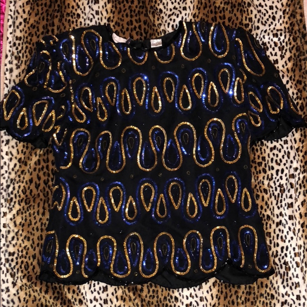Laurence Kazar sequin blouse small black blue gold